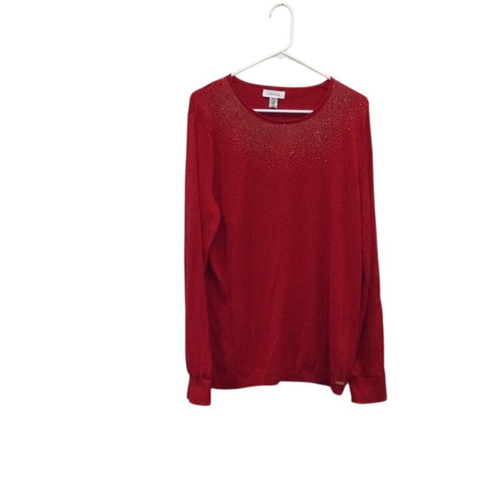 NEW Calvin Klein Womens Cotton Beaded Sweater XL Red Transitional Fall Holiday